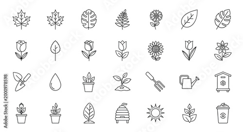 collection of gardening and nature line icons on white background