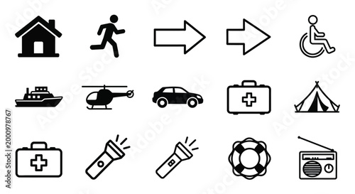 set of emergency and travel icons in black and white
