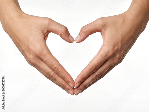 Close-up of two hands making a heart shape, conveying love and unity against a white background.