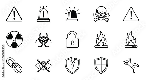 set of safety warning icons in black and white