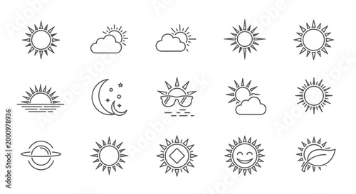 sun icons set in black and white line art