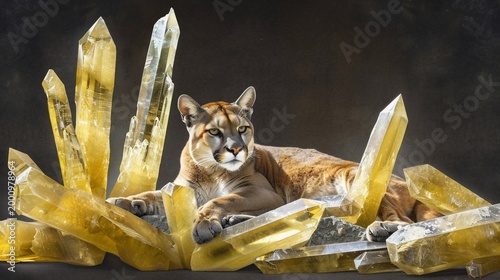 A cougar rests amidst luminous yellow quartz crystals, bathed in ambient lighting