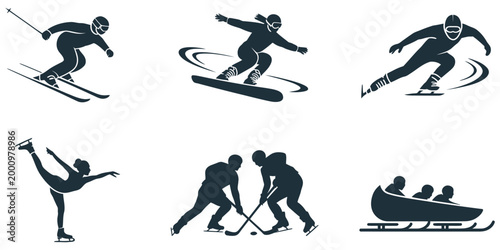 Winter sports showcasing skiing, snowboarding, skating, and bobsledding vector illustration, collection of active athletes, stylish composition