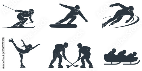 Winter sports showcasing skiing, snowboarding, skating, and bobsledding vector illustration