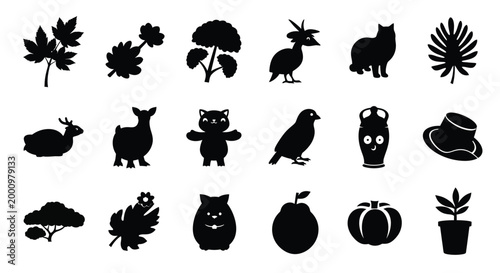 collection of nature and animal silhouettes on white background