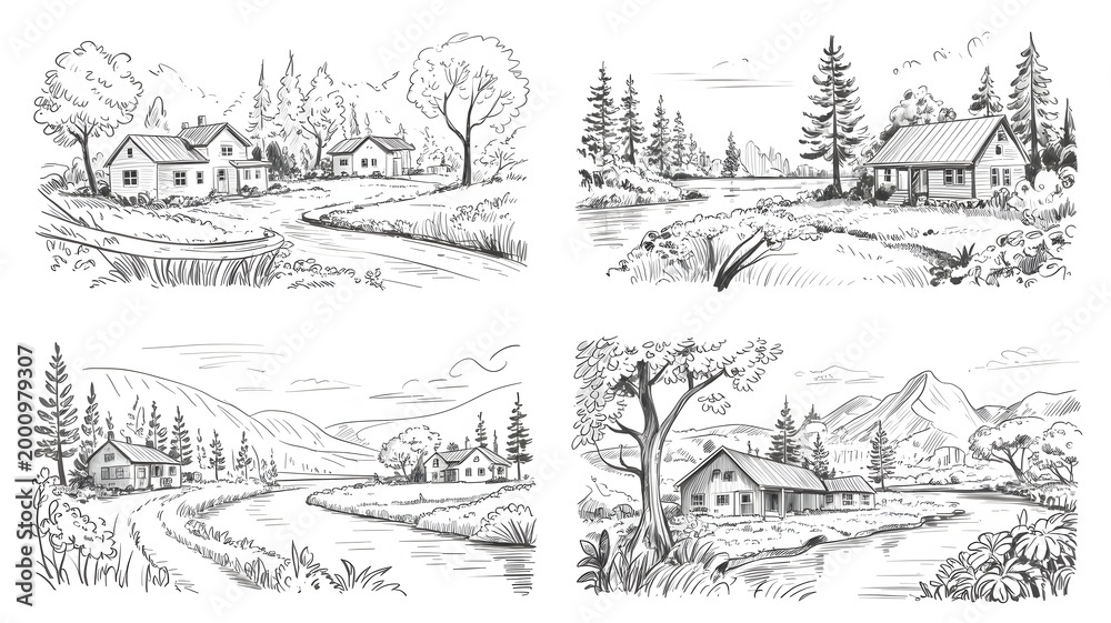 Fototapeta premium Rustic cabins in a serene winter forest landscape illustration