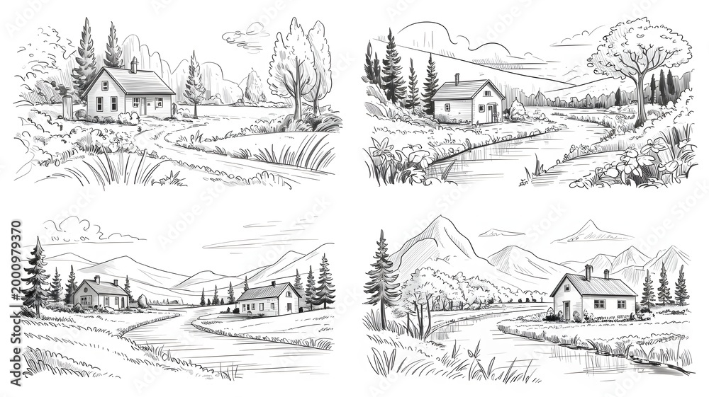 Fototapeta premium Rustic countryside houses with trees and rolling hills