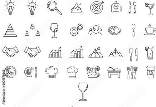 Business strategy and restaurant line icon set with marketing, leadership and food symbols