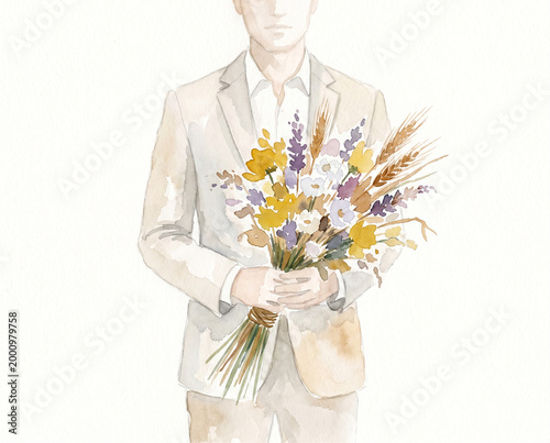 Man in suit holding bouquet of flowers on light background  