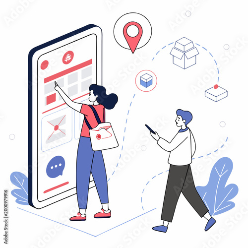 People using smartphone and tablet with delivery icons