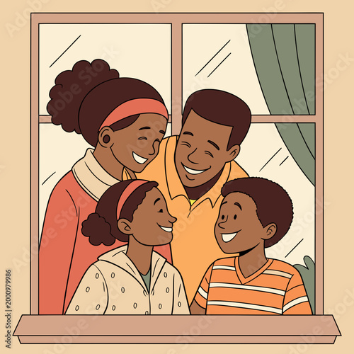 Happy african american family looking out window