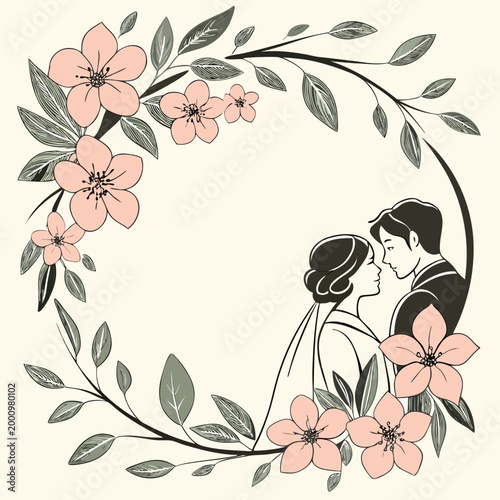 Kissing couple in a pink floral wreath