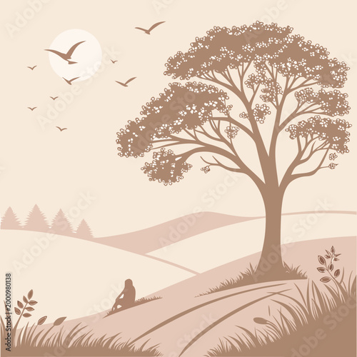 Brown silhouette tree landscape with moon and birds