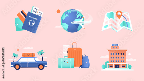 International travel, tourism, summer vacation. Set of illustrations with a collection of essential travel elements for journey. Holiday trip, vacation planning concept. Modern isolated flat vector