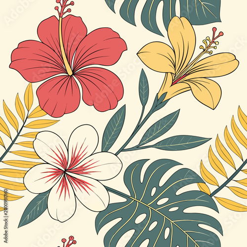 Colorful tropical flowers and leaves pattern