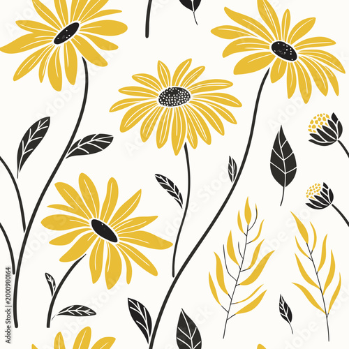 Yellow flowers and leaves seamless pattern