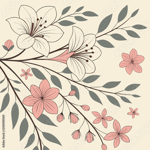 Pink and white cherry blossom branch with leaves