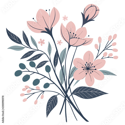 Pink flower bouquet illustration with green leaves