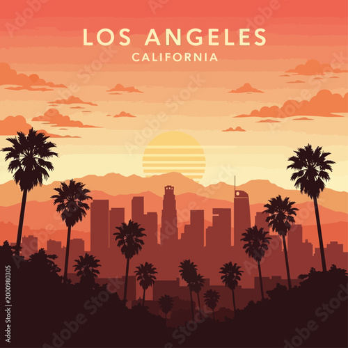 Sunset view of Los Angeles cityscape with palm trees and mountains