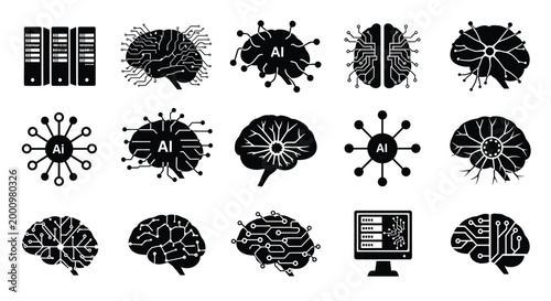 brain icons with ai circuitry design on white background