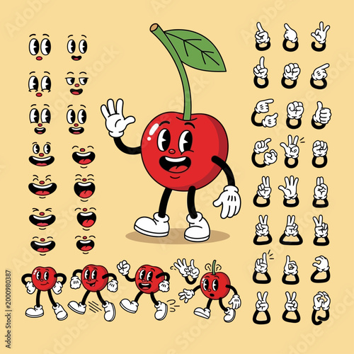 A cheerful cartoon cherry character displays various emotive gestures and expressions.