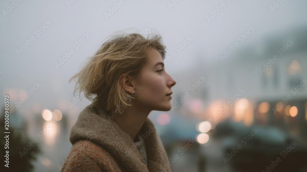 Obraz premium Portrait of a young woman with blonde hair. she is standing in front of a cityscape at night, with buildings and lights visible in the background.
