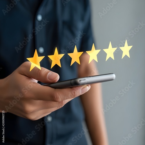 A persons hand holds a smartphone displaying five glowing golden stars symbolizing excellent customer satisfaction and top-rated service feedback
