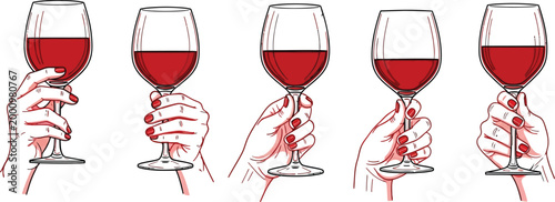 Five wine glasses with red wine in a sketch style illustrating a celebration or festive gathering