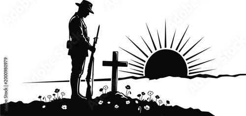 Remembrance Day vector illustration with soldier, poppy flowers and rising sun silhouette.
