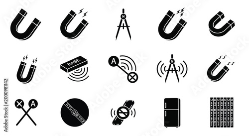 set of magnet and compass icons in black and white