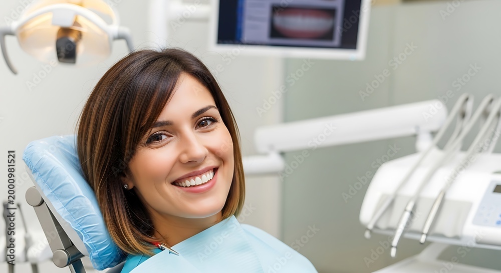 Obraz premium Smiling woman in dental clinic chair