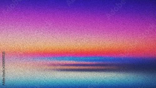 Dreamy tranquil grainy sunset reflected on still water with nostalgic analog film texture created from thousands of individual dots. Delicate film grain horizon glowing with serene dusk colors. Vector