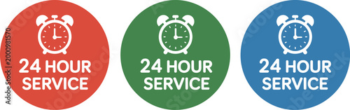24 hour service icon set, alarm clock symbols in circular badges for customer support availability business operations emergency assistance and service accessibility design.