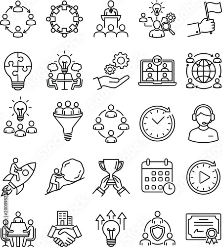 Business Teamwork Leadership Communication Line Icons Set for Collaboration Support Productivity Training and Corporate Management Concepts