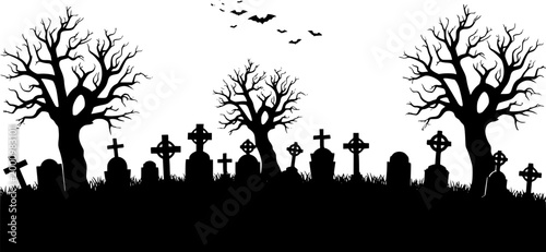 Horizontal banner with black silhouette of cemetery and trees on a white background. Nightmare landscape. Halloween vector illustration for sticker, banner, invitation, poster