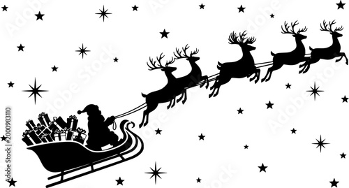 Santa Claus sleigh silhouette vector, flying reindeer pulling gift-loaded sleigh with stars, black Christmas illustration on white background, isolated festive artwork for stock