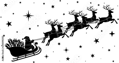 Santa Claus sleigh silhouette vector, flying reindeer pulling gift-loaded sleigh with stars, black Christmas illustration on white background, isolated festive artwork for stock