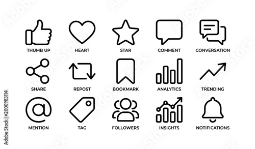 Social media icons representing engagement actions on white background
