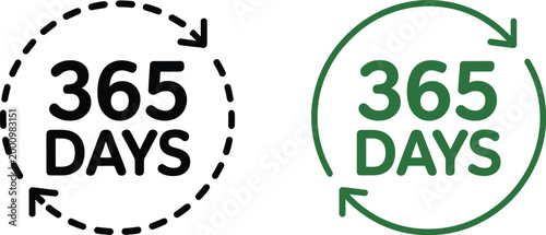 365 days cycle icon set, circular arrows in dotted black and solid green styles for warranty annual service subscription and renewal cycle design.