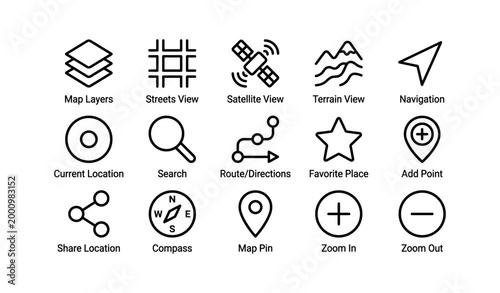 Map navigation icons with layers and controls on white background