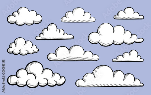 Cartoon cloud set, hand drawn fluffy clouds black and white sketch style whimsical sky illustration collection