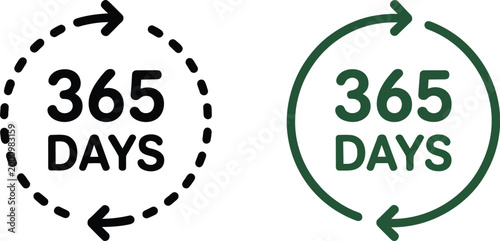 365 days cycle icon set, vector circular arrow icons in black and green styles representing yearly cycle warranty service and subscription renewal concepts.