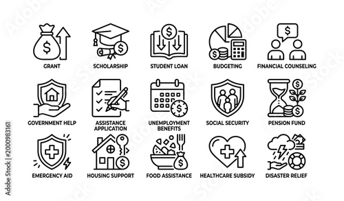 Social welfare icons showing benefits and support on white background