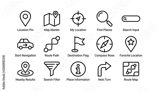 Navigation and map icons arranged in grid on white background