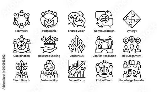 Teamwork and collaboration icons set showing organizational concepts