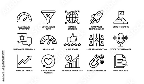 Marketing analytics icons illustrating performance and metrics