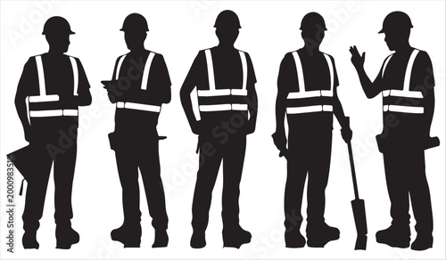 Builder and laborer silhouettes collection wearing helmets and vests workplace safety illustration