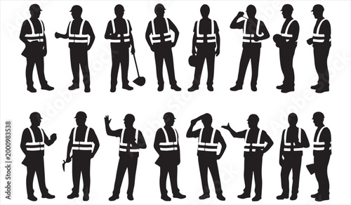 Set of construction worker silhouettes in safety gear showing different poses industrial team concept