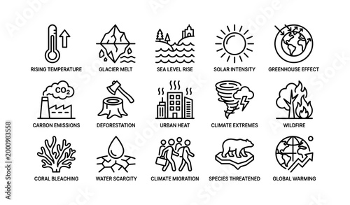 Climate change icons depicting impacts, hazards, and indicators
