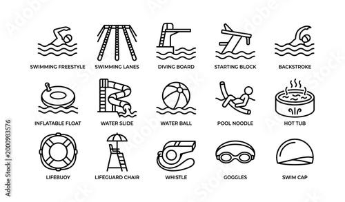 Swimming and pool icons showing activities and equipment in grid